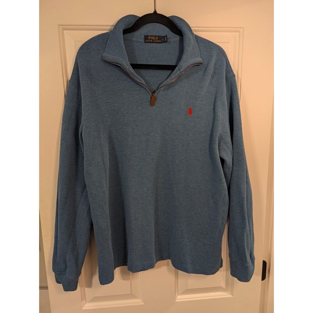 Polo Ralph Rib Quarter Zip Pullover Men's L Blue Heather Red Pony Cotton